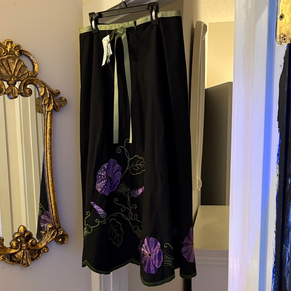 Black A-Line Midi Skirt with Purple Floral Embroidery and Green Trim